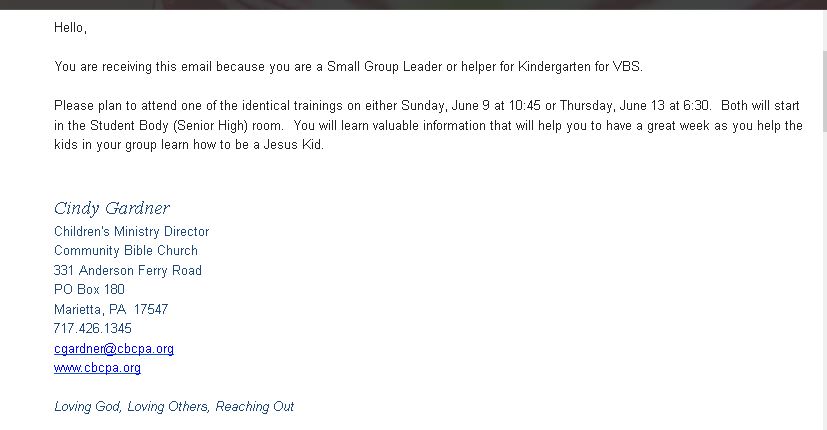Email from Community Bible Church